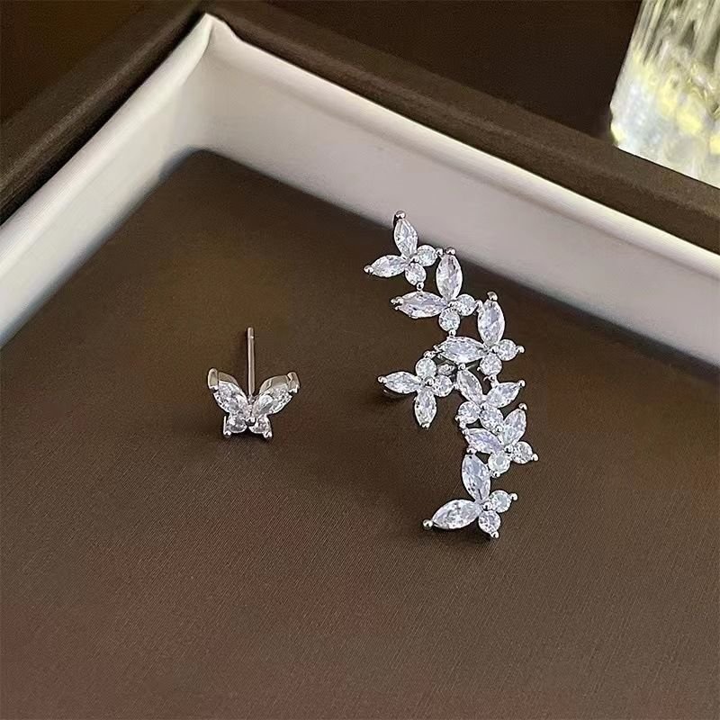 Women Simple Fashion Floral Rhinestone Asymmetric Earrings