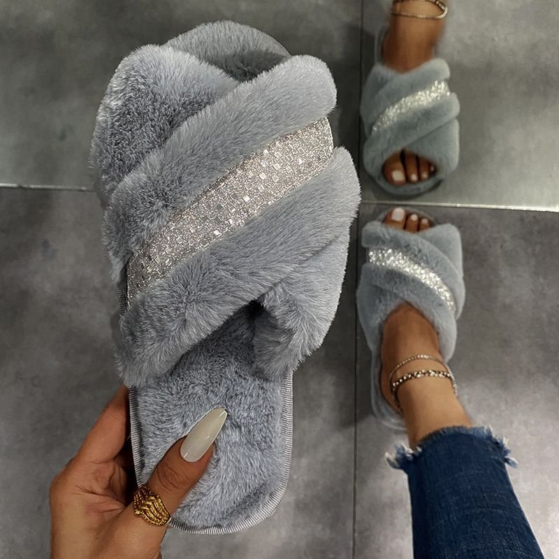 Autumn Winter Women Fashion Plus Size Cross Plush Warm Rhinestone Home Slippers