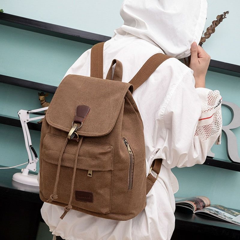 Casual Flap Drawstring Pattern Unisex Style Canvas Backpack