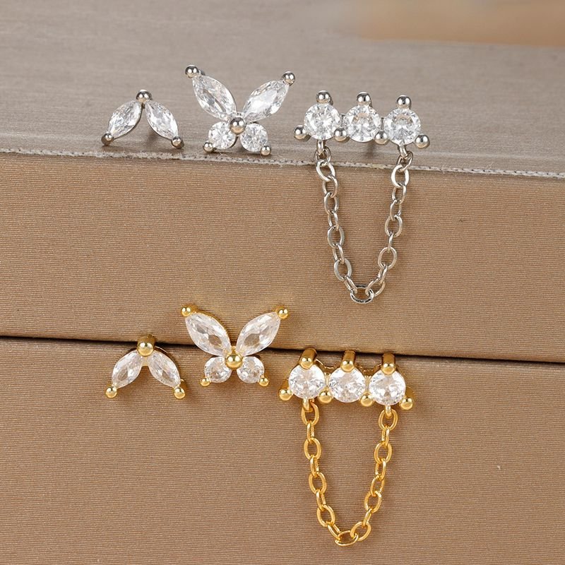 Women Simple Butterfly Rhinestone Piercing Earrings 3 Pcs-Set