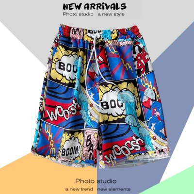 Men Casual Color Blocking Floral Printed Drawstring Beach Shorts