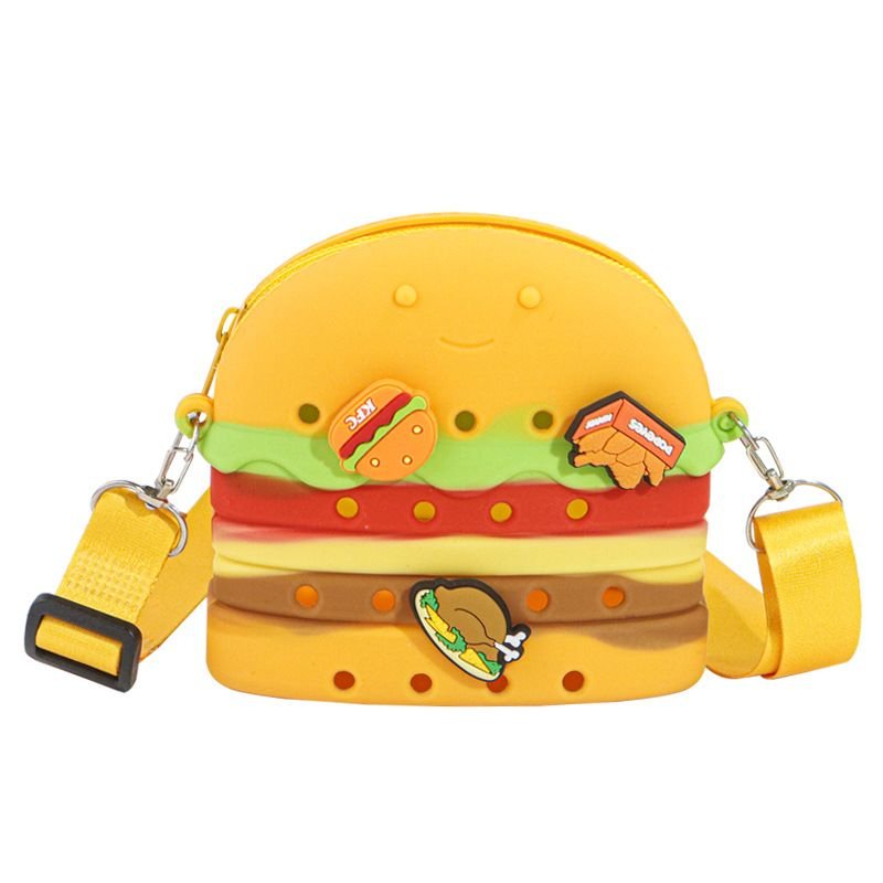 Children Cartoon Cute Fries Hamburger Shape Silicone Hole Crossbody Bag