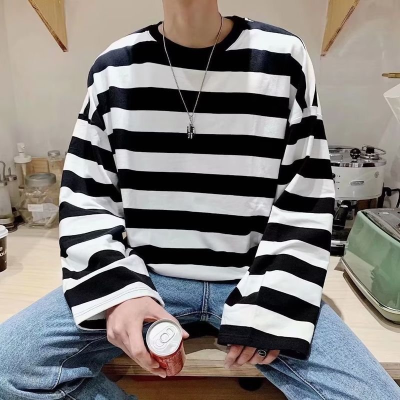 Men Fashion Casual Stripe Print Loose Long Sleeve Round Neck T-Shirt