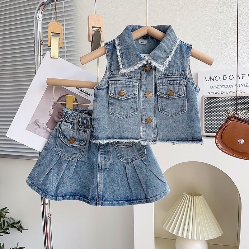 Kids Toddler Big Girls Fashion Casual Retro Denim Sleeveless Lapel Vest Skirt Set