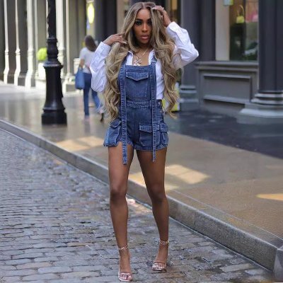 Women Fashion Loose Multi-Pocket Denim Rompers