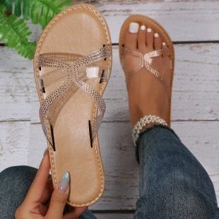 Summer Women Fashionable Plus Size Transparent Cross Rhinestone Round Toe Flat PU Slippers