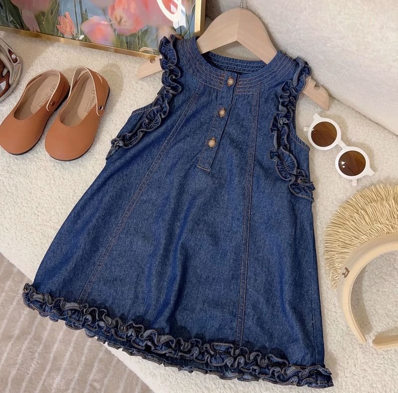 Kids Toddler Girls Fashion Casual Solid Color Sleeveless Denim Dress