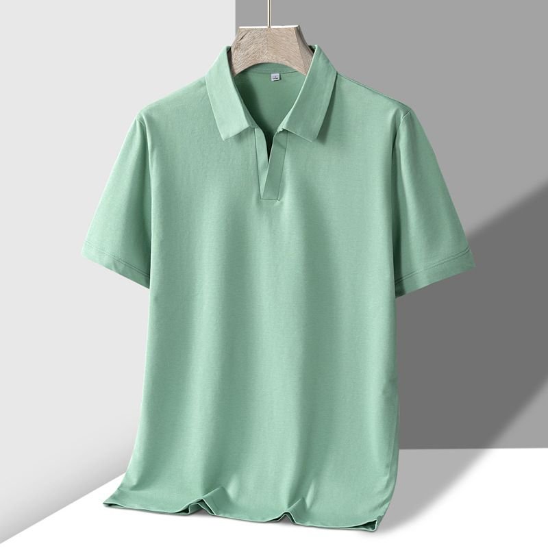 Men Business Solid Color Cotton V-Neck Polo Shirt Summer Lapel Short-Sleeved Top Custom