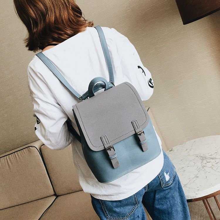 Women Elegant Buckle Frosted Design Solid Color Color Blocking Backpack