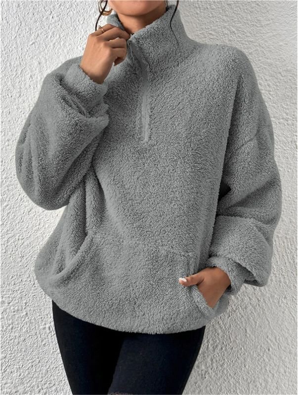 Women Autumn And Winter Casual Solid Color Plush Stand Collar Pocket Sweatshirt