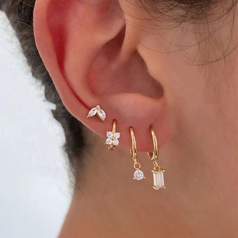 Women Fashion Geometric Micro-Inlaid Zircon Square Earrings 4Pcs-Set