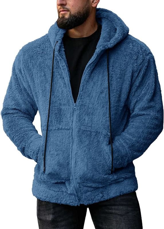 Men Autumn Winter Fashion Casual Solid Color Plush Long Sleeve Hooded Coat