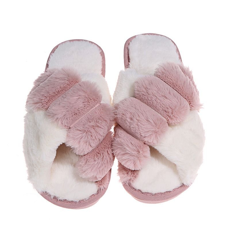 Autumn Winter Women Fashion Plus Size Cross Plush Warm Home Slippers