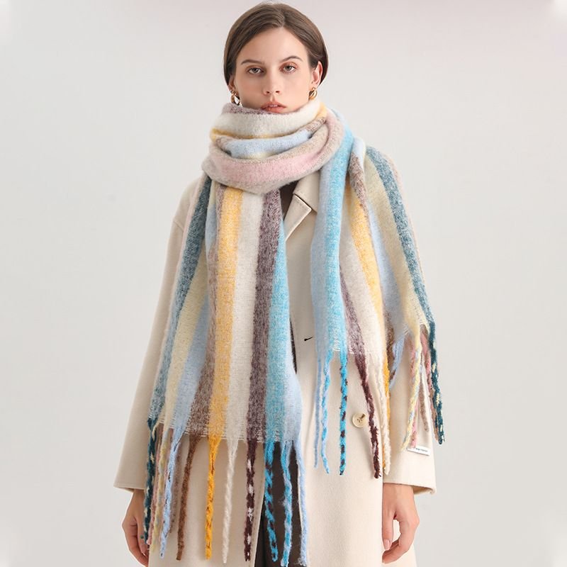 Autumn Winter Women Fashion Rainbow Stripe Cashmere Thickened Warm Scarf