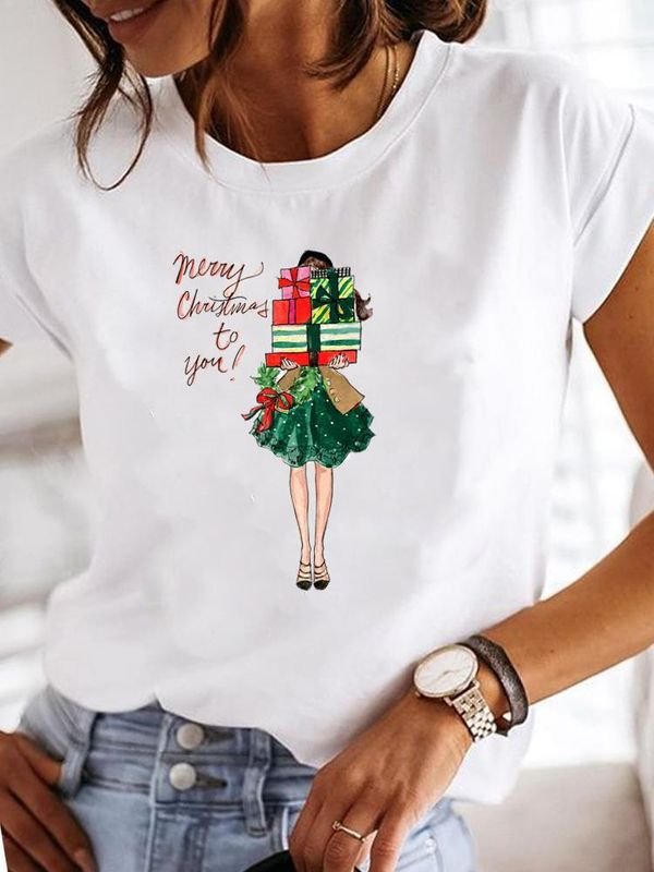 Women Happy Christmas Casual Short Sleeve Basic T-Shirt