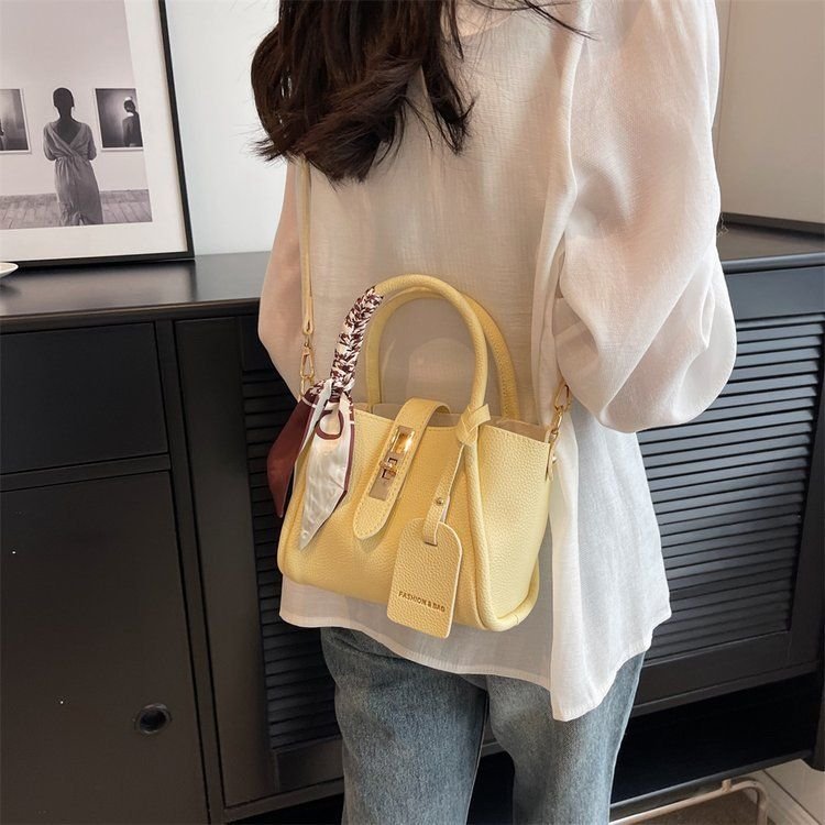 Women Fashion Simple Silk Scarf Decorative Handle Shoulder Bucket Bag