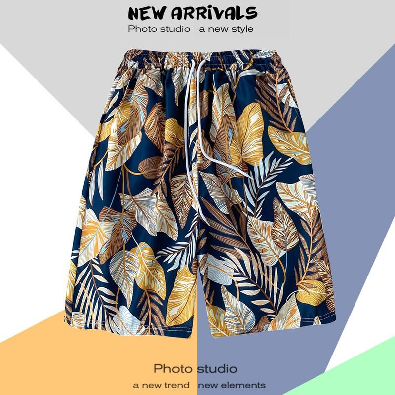 Men Casual Color Blocking Floral Printed Drawstring Beach Shorts