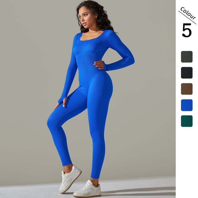 Women Fashion Simple Thread High Elastic Solid Color Tight Long Sleeve Sports Running Yoga Jumpsuits