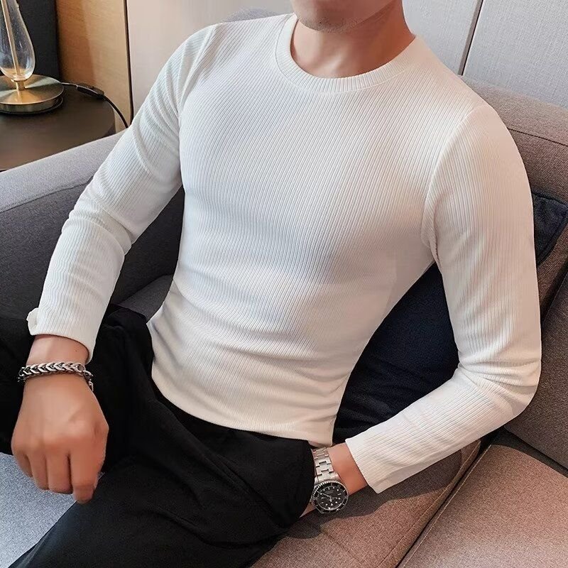 Men Basic Casual Solid Color Rib-Knit Long Sleeve Round Neck T-Shirt