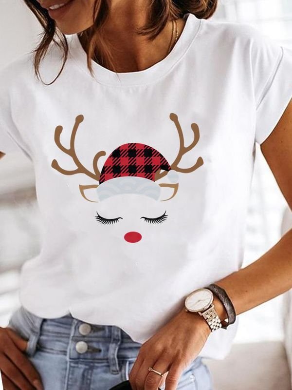 Women Happy Christmas Casual Short Sleeve Basic T-Shirt