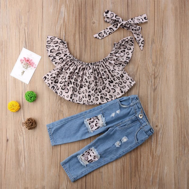 3 Piece Set Fashion Girl Leopard Print Off-shoulder Tops And Patchwork Jeans With Headband