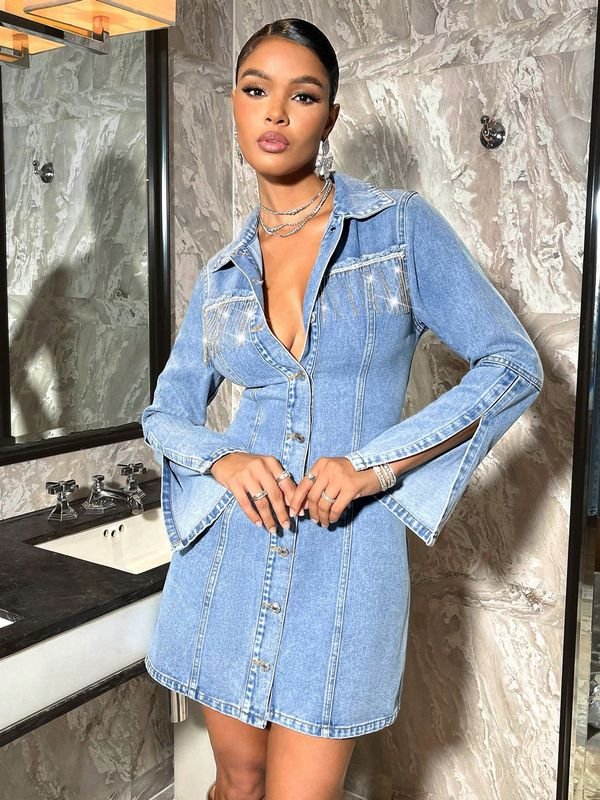 Women Fashion Lapel Defined Waist Long Sleeve Denim Dress