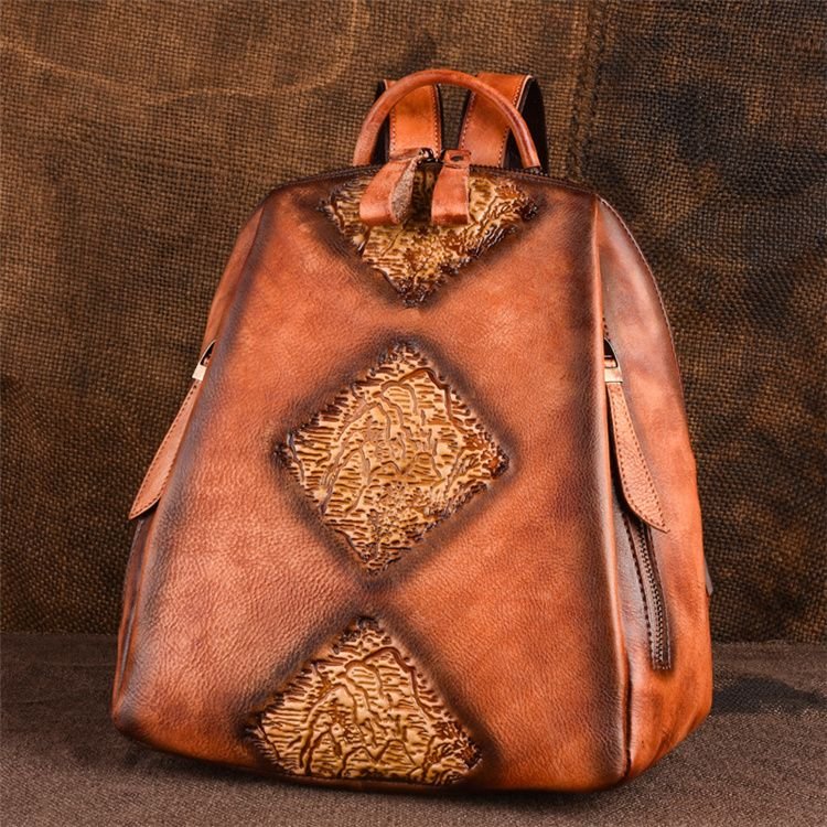 Women Retro Ethnic Color Blocking Embossing Leather Backpack