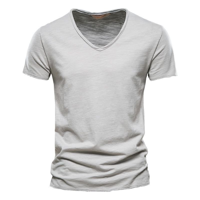 Summer Men Solid Color 100% Cotton V Neck Short-Sleeved Custom T-Shirt