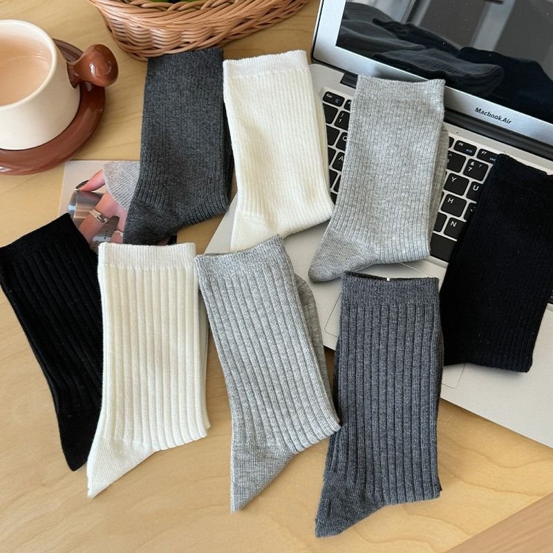 Solid Color Mid-Length Cotton Women Men Classic Screw Dress Socks